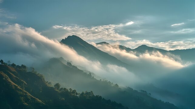 Serene mountain landscape with misty valleys and rolling clouds under a soft blue sky at dawn