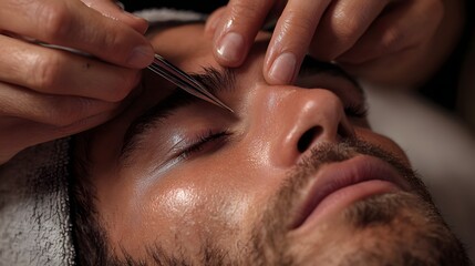 Close-up of a man receiving an eyebrow grooming treatment in a serene spa environment