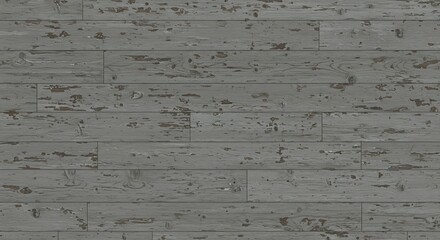 Weathered grey wood flooring with peeling paint and exposed knots and wood grain