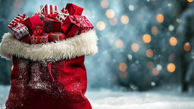 Festive Santa Claus bag filled with colorful gifts surrounded by snowflakes during the holiday season, Christmas and new year holidays conceptS santa Claus sack full of gift wrapped presents