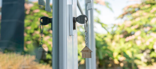 Landlord key for unlocking house is plugged into the door. Second hand house for rent and sale....