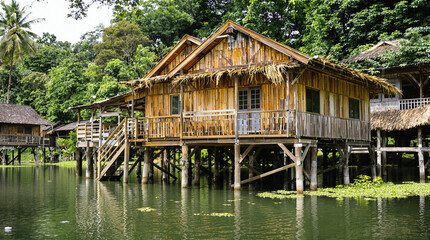 Fototapeta premium Wooden houses on stilts over a tranquil water body.