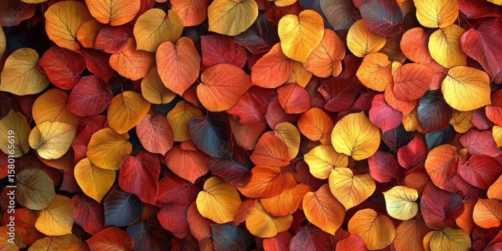 Poster vibrant autumn leaves creating a colorful canopy over a serene pathway in a tranquil forest setting