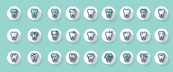Dental Icons Set on Blue Background Featuring Various Tooth and Dental Care Symbols in a Modern Flat Design