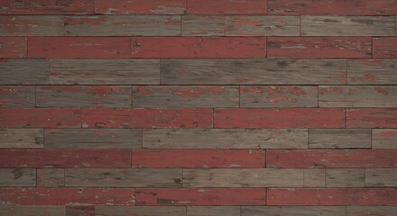 Weathered red and gray wooden planks with peeling paint arranged horizontally
