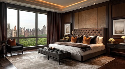 Luxurious bedroom in a New York penthouse-style apartment featuring modern decor and chic furnishings. 