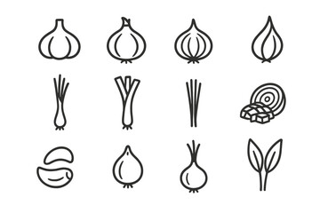 Monochrome vegetable icons: garlic, onion, leek, chives, shallot, scallion