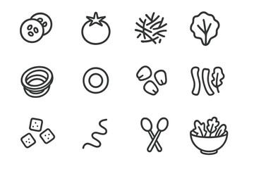Icon set of various food items on grayscale background