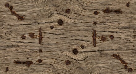 Weathered wooden board with prominent grain and several rusty metal nails and nail remnants embedded