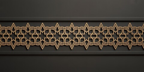 Horizontal golden Islamic ornamental border on dark gray background with geometric star and arabesque pattern