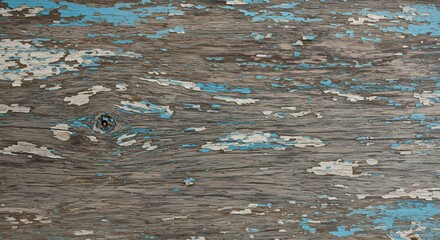 Weathered wooden planks showing peeling light blue and white paint over a central knot