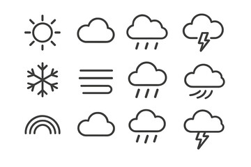 Weather symbols: sun, clouds, rain, snowflake, lightning, rainbow, fog