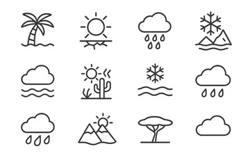 Monochrome weather icons set: cloud, sun, rain, snow, desert, mountains