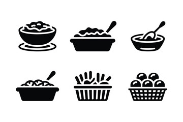 Black food icons with bowls and baskets serving