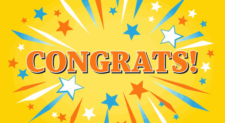 Vibrant Congrats Text Surrounded by Starbursts and Colorful Stars.