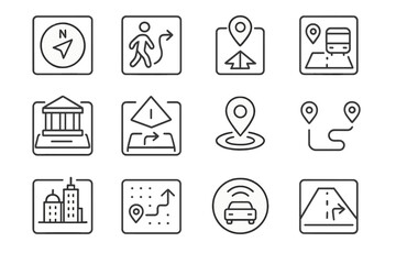 Navigation and location icons on gray background for travel and direction