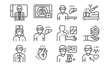 Medical icons set including heart, lungs, and healthcare worker symbols