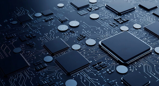A close-up view of a dark blue circuit board with multiple integrated circuits, capacitors, and intricate trace patterns.