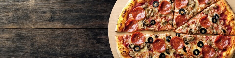 Delicious homemade pepperoni and sausage pizza pie slices served on a rustic wooden table