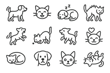 Outline icons of cats and dogs with various expressions on dark background