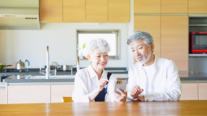 Senior couple looking at smartphone together