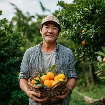 Smiling Harvest Keeper: A serene portrait captures a friendly farmer, holding a basket of vibrant citrus fruits against a backdrop of a flourishing grove, embodying the essence of cultivation, health.