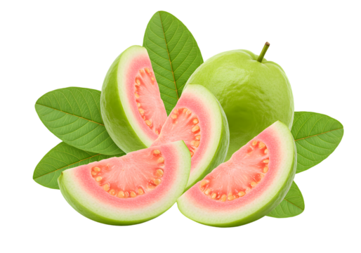 Isolated Guava Fruit Still Life of Sliced and Whole Fresh Guavas