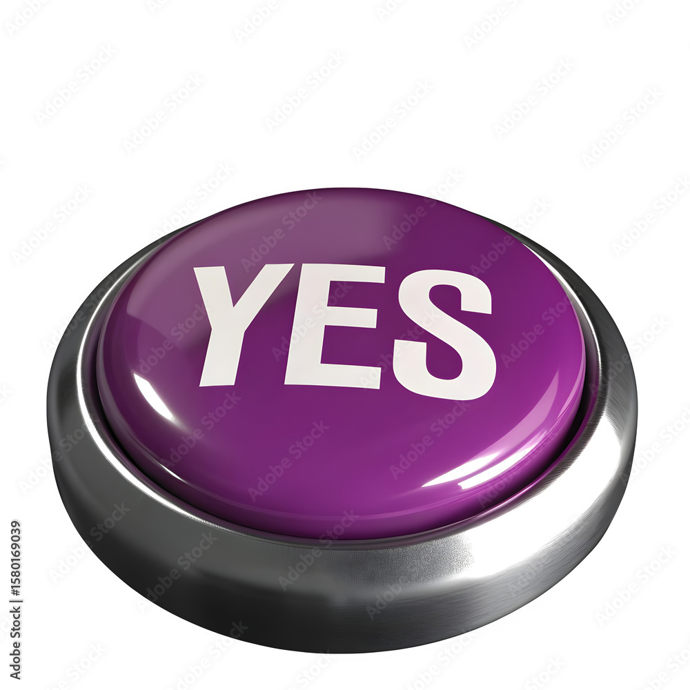 Poster shiny purple yes button with metallic bezel isolated on transparent background