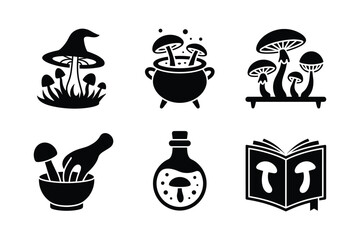 Mushroom icons potion cauldron book mortar pestle witch hat vector