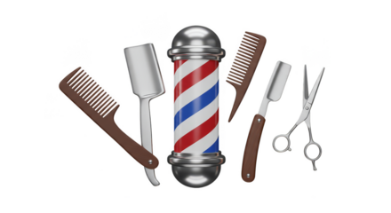 Barber Shop Pole with Tools Isolated Transparent Background 3D Render