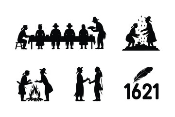 Pilgrim and Native American silhouettes depicting historical events thanksgiving