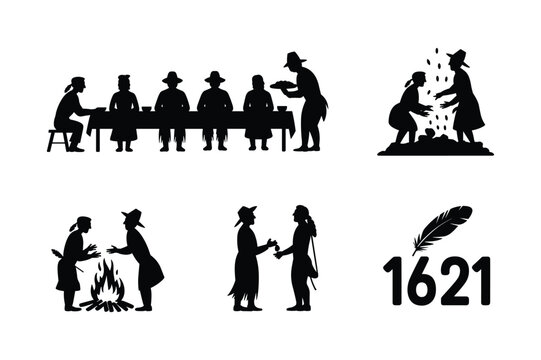 Pilgrim and Native American silhouettes depicting historical events thanksgiving