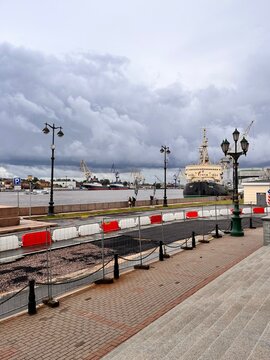 Saint-Petersburg,Russia -June 21, 2025: Icebreaker Krasin and other ships on the embankment of the Lentenant Schmidt