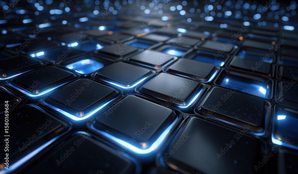 Poster abstract 3d rendering of black metal squares with blue glowing lights, futuristic digital technology