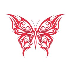 Bold red tribal butterfly illustration featuring symmetrical lightning-style wings, clean vector lines, and a sharp silhouette on a white background, ideal for tattoo or graphic art
