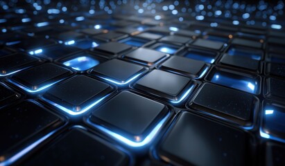 Obraz premium Abstract 3D rendering of black metal squares with blue glowing lights, futuristic digital technology and artificial intelligence concept background