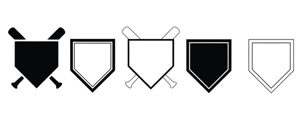 outline silhouette home plate baseball icon set isolated on white background.Vector art of a collection of baseball home base icons with crossed bats isolated on white background