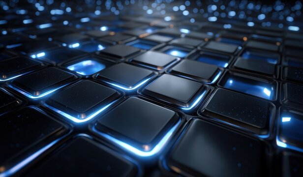 Abstract 3D rendering of black metal squares with blue glowing lights, futuristic digital technology and artificial intelligence concept background