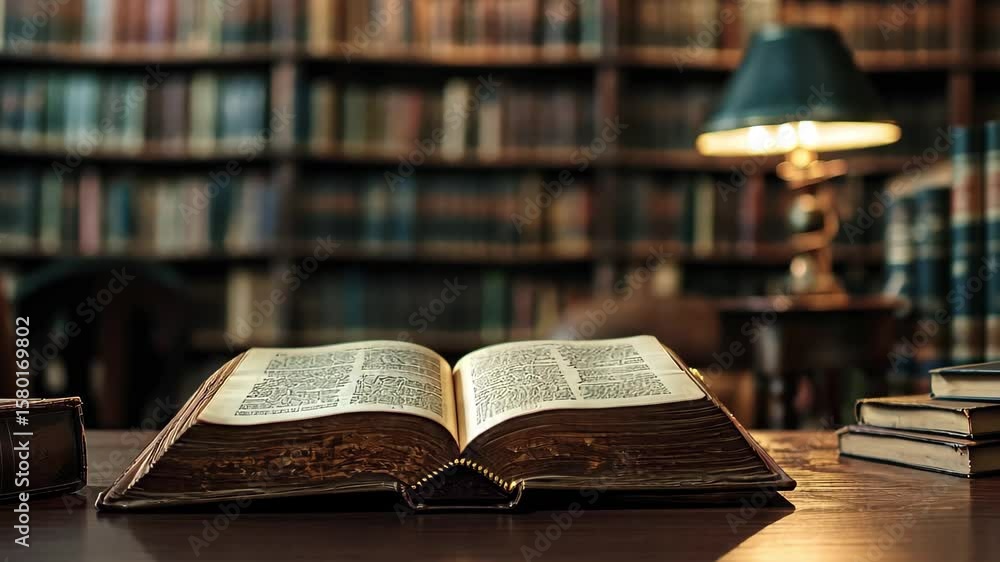 Poster open book resting on a table in a quiet library surrounded by towering bookshelves and warm lighting