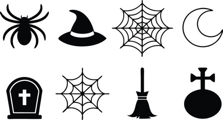 Halloween icons spider witch hat moon tombstone broom cobweb
