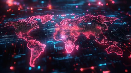 Obraz premium Holographic world map with futuristic data connections pulsing in neon colors 