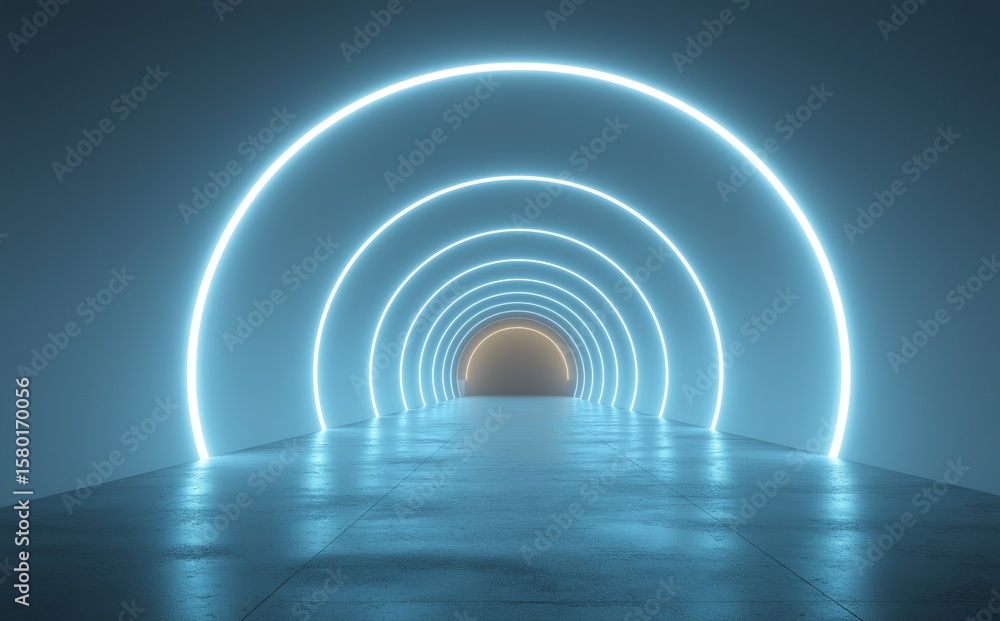 Poster abstract futuristic 3d render of glowing white neon light arch on blue background with empty space a