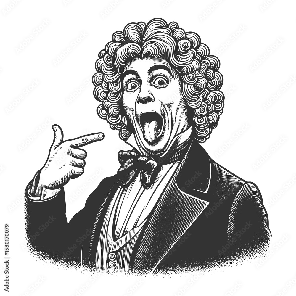 Poster shocked man in elaborate curly wig and 18th-century attire, pointing at himself in disbelief sketch 