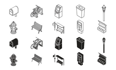 Urban Public Objects Icon Set Isometric Outline Vector Icons of City Infrastructure and Street Elements