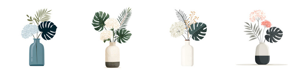 Obraz premium Boho Flower Arrangements: Modern Vases with Tropical Leaves
