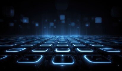 Abstract digital landscape with glowing blue squares on dark background, symmetrical high-tech grid symbolizing innovation and modern digital artistry