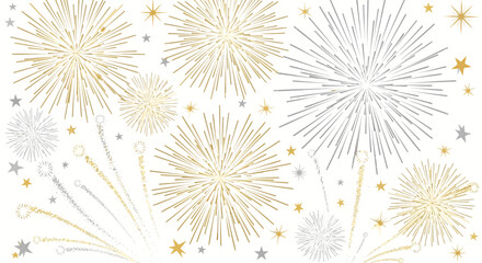 Festive Fireworks Display with Golden and Silver Starbursts and Stars.