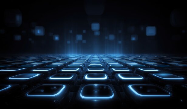 Abstract digital landscape with glowing blue squares on dark background, symmetrical high-tech grid symbolizing innovation and modern digital artistry - Powered by Adobe