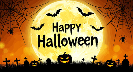 Spooky Halloween Scene with Bats Pumpkins Spiders and Moonlit Graveyard.