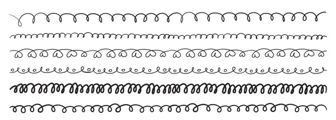 Hand drawn border lines. Doodle wave underline set, vintage squiggle ornament